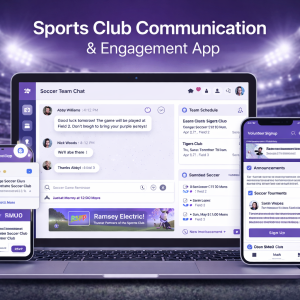 Youth sports club communication platform showing team messaging, schedules, and parent notifications on mobile and desktop